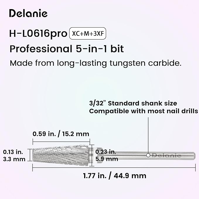 Delanie Professional 5-in-1 Carbide Nail Drill Bit for Professional Nail Tech, 3/32", XC+M+3XF
