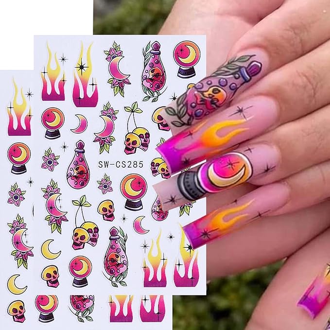 ONPRESS 10Sheet Halloween Nail Stickers Pumpkin Ghost Face Nail Decals 3D Self Adhesive Nail Supplies Spider Web Cat Bat Star Moon Skull Nail Art Stickers for Acrylic Nails for Women DIY Manicure