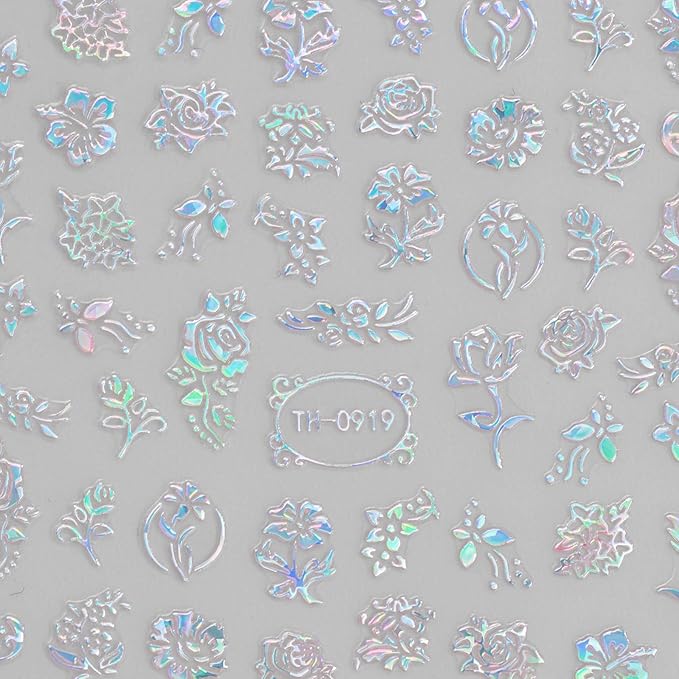 Glitter Flower Nail Stickers for Nail Art, Nails Art Stickers Decals Self Adhesive Floral Nail Sticker for Women Nails Decoration