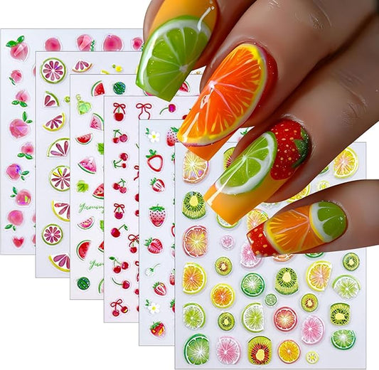 6 Sheets Summer Fruit Nail Art Stickers Decals 5D Jelly Embossed Fruit Shell Light Nail Stickers Lemon Kiwifruit Exquisite Design Summer Nails Decals Manicure Supply for Women DIY Nail Decorations