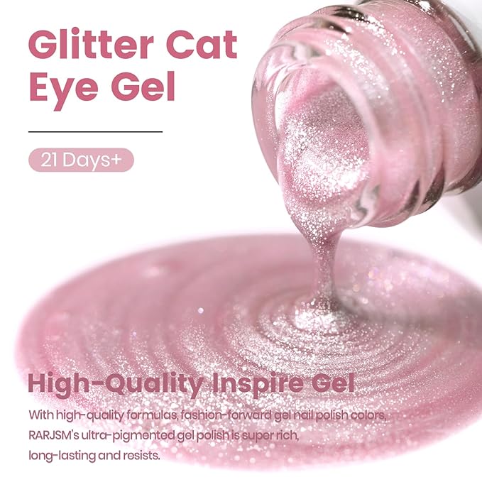 RARJSM Pink Cat Eye Gel Nail Polish with Magnet Stick Reflective Dazzling Nude Skin Color Sparkle Diamond Glitter Cateye Gelpolish 15ml Single Bottle Curing Requires Soak Off for Home Salon Manicure