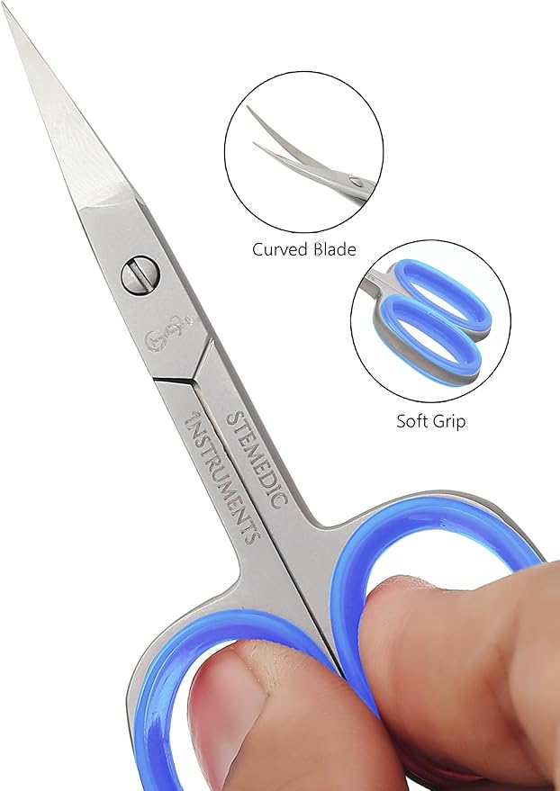 Nail Cuticle Scissors Curved Eyebrow Scissors for Nail, Cuticle, Eyelashes, Nose Hair, Mustache and Beard - Manicure and Pedicure Small Scissors for Men and Women (Blue)