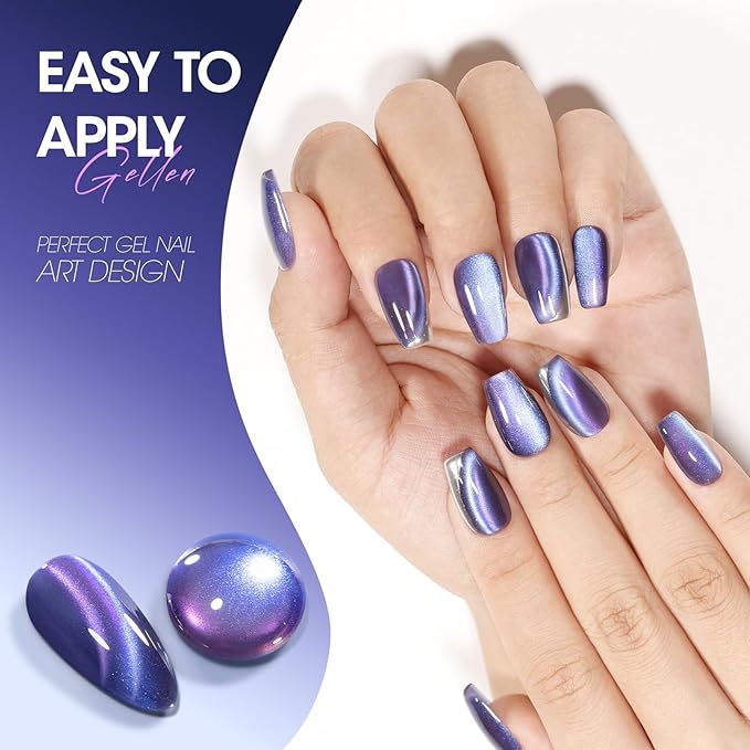 Gellen Cat Eye Gel Nail Polish, 18ml Blue Purple Color Cat Eye Gel Polish with Magnet Stick, Holographic Glitter Cat Eye Nail Polish Soak Off Nail Art Manicure at Home