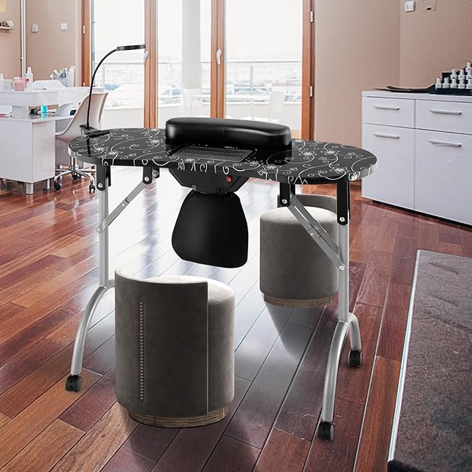 GOFLAME Manicure Nail Table, Foldable Nail Technician Desk w/Electric Downdraft Vent, Bendable LED Lamp, Removable Armrest Pad, Dust Bag, Manicure Table with Lockable Wheels for Home, Salon, Black