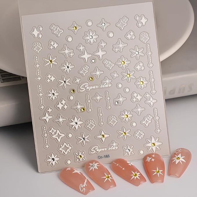 Star Nail Stickers for Nail Art 5D Self-Adhesive Nail Decals White Star Nail Stickers with Rhinestones Design White Nails Supplies Decoration Accessories for Women and Girls