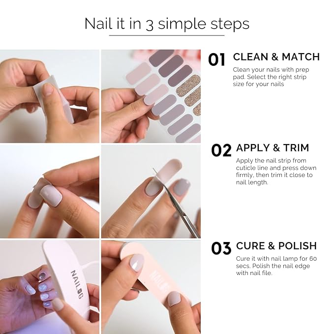 Nailog Semi Cured Gel Nail Strips 34 pcs | Long Lasting Nail Polish Sticker Wraps with Glossy Gel Finish | Daydream