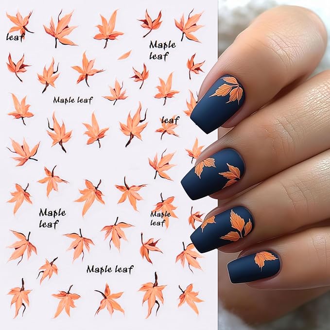 8 Sheets Fall Nail Art Stickers Autumn Maple Leaf Pumpkin Nail Sticker 3D Self-Adhesive Nail Decals Gold Glitter Plaid Pumpkin Nail Designs Thanksgiving Holiday DIY Manicure Decor Sticker for Women