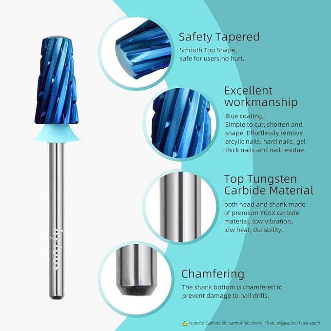 Safety Tapered Nail Drill Bits, 4XC Blue Nano Smooth Top Barrel Nail Bit, 3/32 Two-way Carbide Drill Bits for Nails, Electric Drills Accessories Removal Manicure Arylic Powder