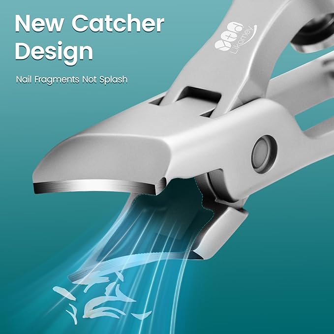 YTD Likomey Beveled Wide Jaw Opening Nail Clippers,Long Handled Toenail Clippers for Thick Nails,Ultra-Sharp Fingernail Clipper with Catcher,Nail Cutter with Nano Glass Nail File Set for Seniors
