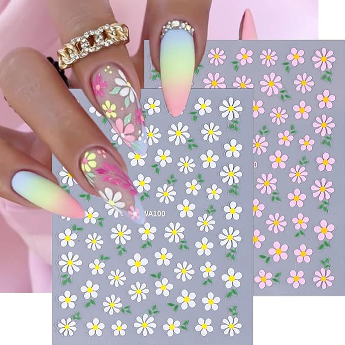 6Sheets Colorful Flower Nail Art Stickers 3D Floral Nail Decals Spring Wildflower Daisy Nails Design Stickers White Blue Pink Flower Sticker Cute Nails Supplies Decoration for Women Girls Manicure