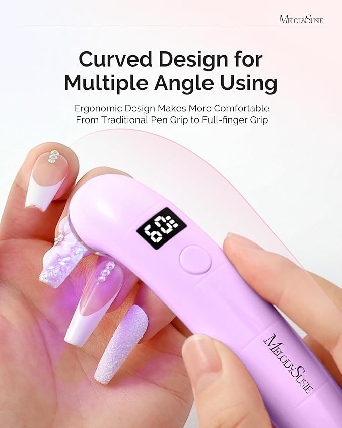 MelodySusie Handheld UV Light for Gel Nails, P-ART01A Cordless UV Nail Lamp with LCD Display& Ergonomic Design, Rechargeable LED Light Flash Cures Soft Gels, Rhinestone Glue & Liner Gel, Purple