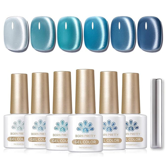 BORN PRETTY Magnetic Gel Nail Polish Blue Water Light Cat Magnetic Eye Gel Jelly Glass Crystal Magnetic Gel Polish Glitter Shimmer Auroras Magnetic Gel Nail Art Manicure Kit 6PCS
