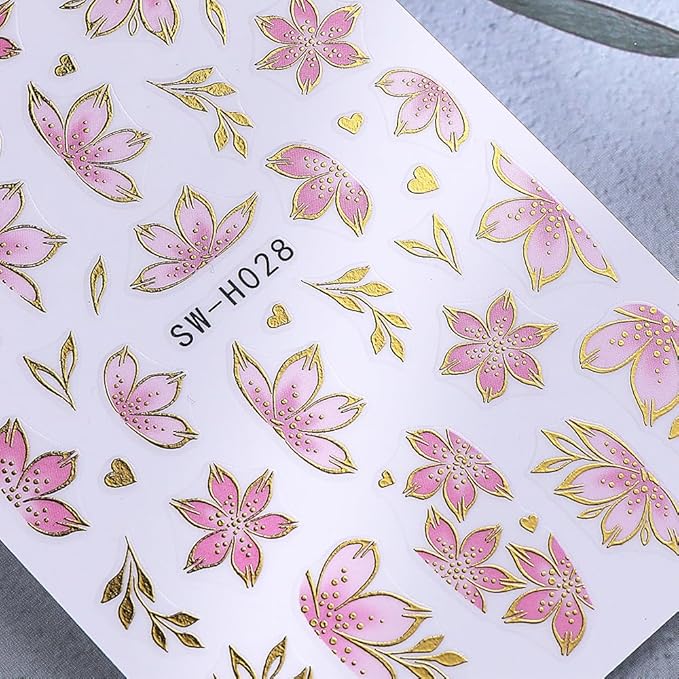 Flower Nail Art Stickers Decals 3D Pink Flower Nail Stickers Self-Adhesive Summer Nail Art Decorations Supplies 6PCS Bronzing Gold Edge Pink Purple Floral Petal Nail Decals Manicure Sliders for Women