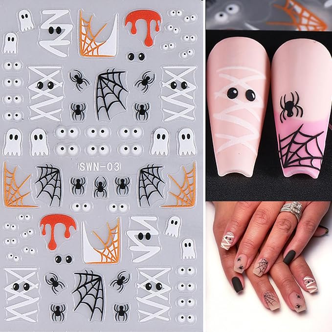 4 Sheets Halloween Nail Art Stickers 5D Embossed Cute Ghost Nail Stickers Black Cat Pumpkin Design Flower Finger Skeleton Nail Decals Nail Art Supplies for Women Acrylic DIY Nail Decorations