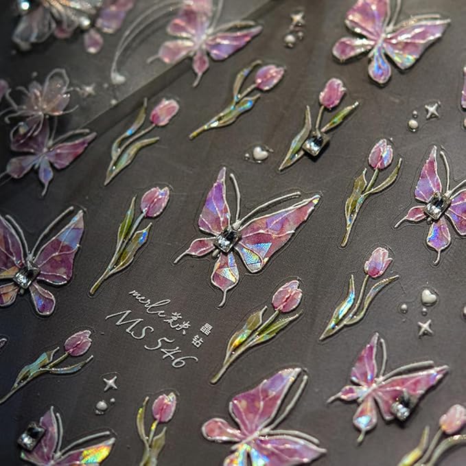 Butterfly Nail Art Stickers Decals Pink Butterfly 5D Embossed Nail Decals Tulip Butterfly Nail Charms Designs Adhesive Sticker Manicure Accessories for Women Girls DIY Nail Art Decorations Supplies