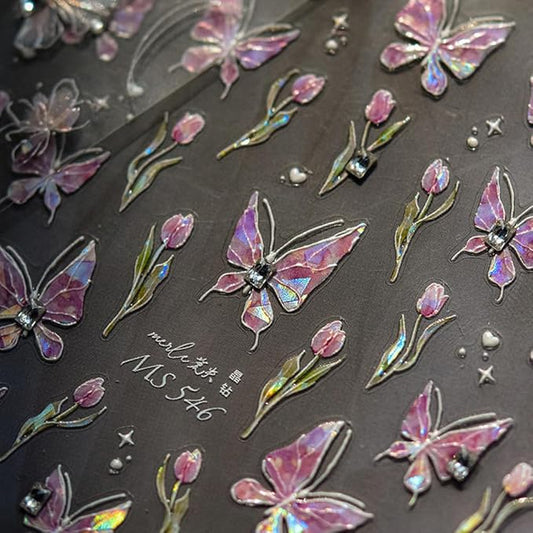 Butterfly Nail Art Stickers Decals Pink Butterfly 5D Embossed Nail Decals Tulip Butterfly Nail Charms Designs Adhesive Sticker Manicure Accessories for Women Girls DIY Nail Art Decorations Supplies