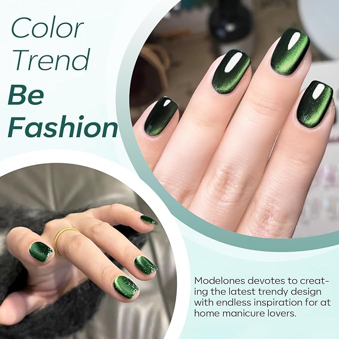 modelones Cat Eye Gel Nail Polish,15 ML Green Gel Nail Polish Sparkle Reflective Shimmer Glitter Green Polish 9D with Magnet Soak Off LED Spring Top Coat Nail Art DIY Salon
