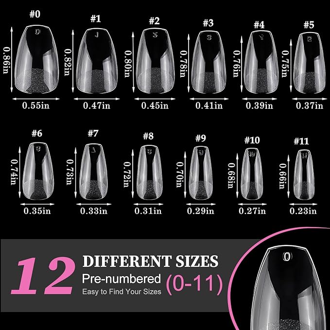 AddFavor Coffin Nail Tips Short Fake Nails, 600pcs Soft Gel Nail Tips Coffin Full Cover Clear Press on Gel Nails False Acrylic Nails Tip for Nail Extensions, 12 Sizes Artificial Fingernails False Tips
