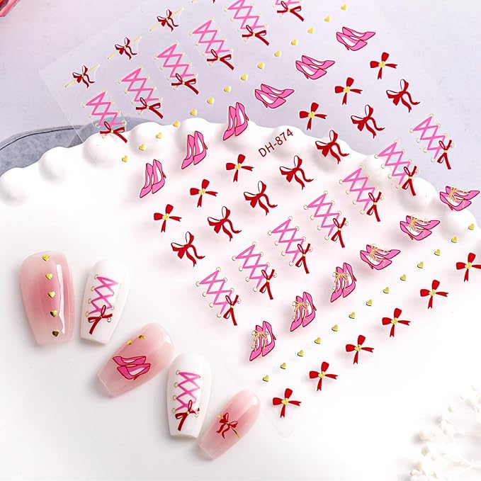 Bow Heart Nail Stickers Christmas Nail Art Stickers Holiday Pink Hearts Curve Line Nail Decals Valentines DIY Nails Design Sticker Xmas French Nail Decoration for Women Manicure Accessories 5Pcs