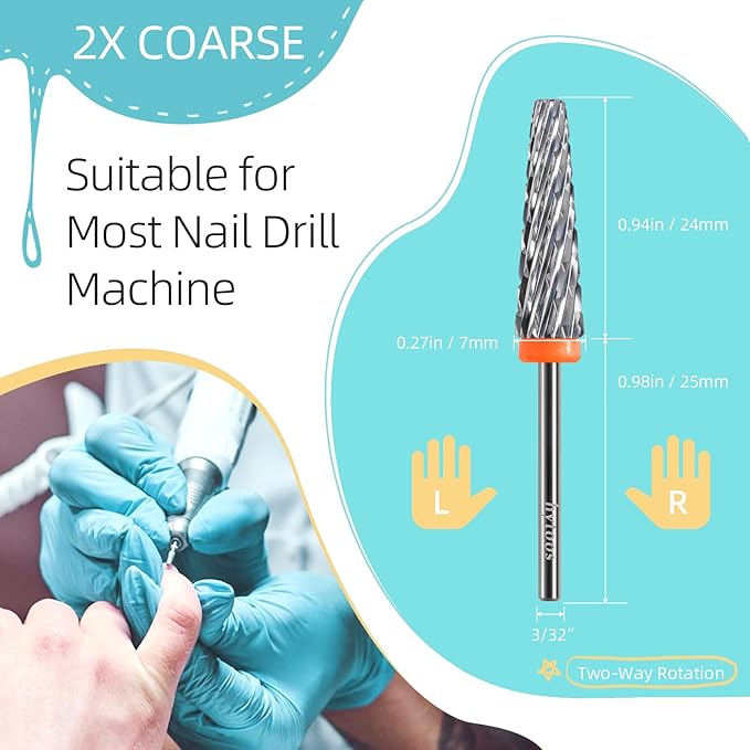 24mm Super Long 5 in 1 Nail Drill Bits, Cross Tapered Carbide Bit, 3/32" Two-way Rotate for Both Hand, Remove Acrylic Nails/Gel, Electric File Tool Drills Manicure Accessories (2XC)