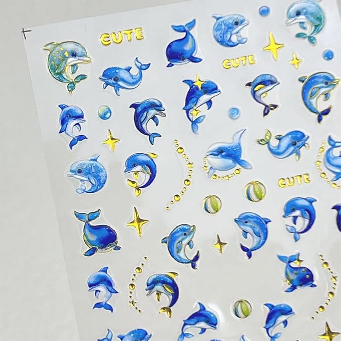1 Sheets Summer Nail Art Stickers 5D Embossed Beach Cute Dolphin Stars Designs Self Adhesive Nails Supplies Blue Summer Sea Theme Manicure Decorations for Women Exquisite Cardboard Kit