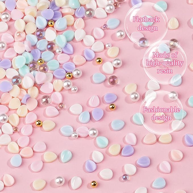500Pcs Flower Nail Charms Kit, 400Pcs 3D Colorful Flowers Petals and 100Pcs Round Pearls with Nail Beads, Cherry Blossom Petal Tiny Gems Mixed Rhinestone for Nails DIY