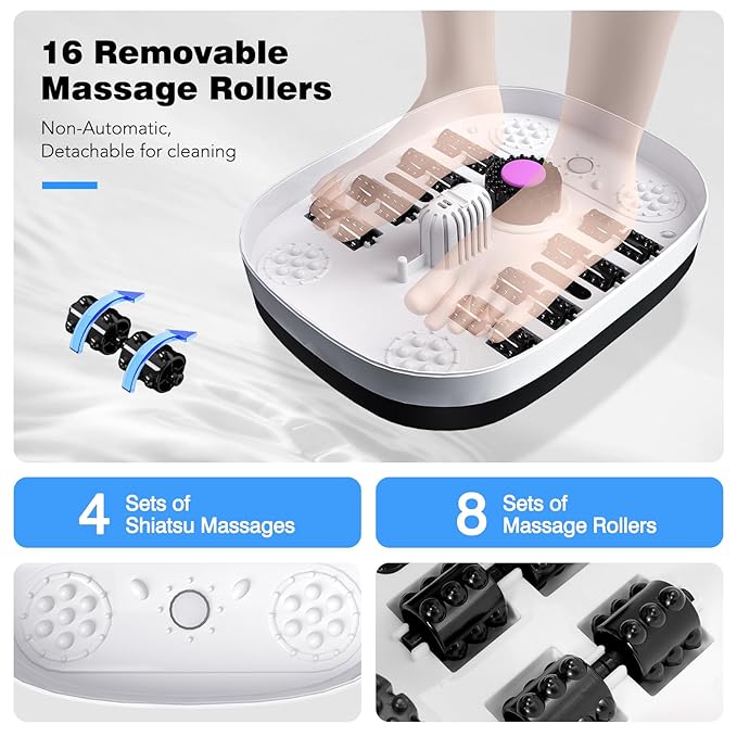 KNQZE Collapsible Foot Spa Bath with Heat, Remote Control, Temperature Control, Bubbles, Pumice Stone, Red Light, Timer, 16 Massage Roller Pedicure Foot Spa Foot Soaker for Soothe & Relax Tired Feet