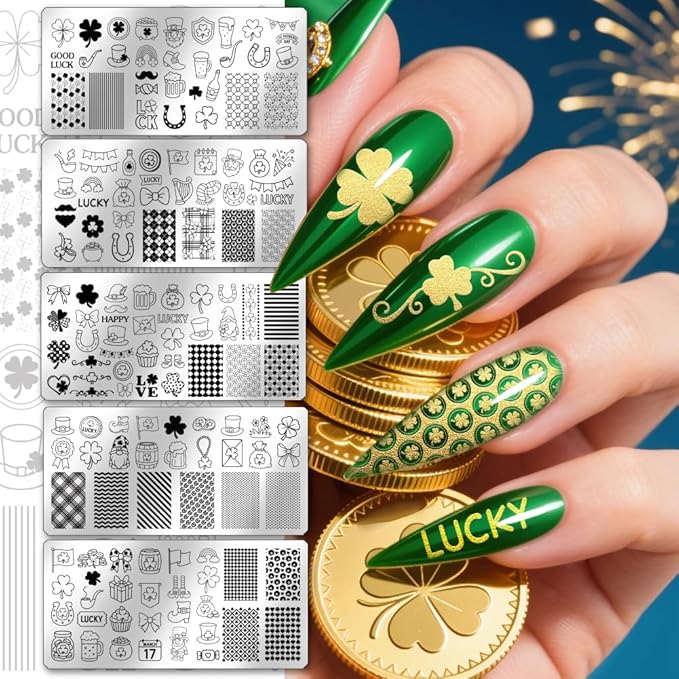 PH PandaHall 5pcs St. Patrick's Nail Stamping Plate Lucky Shamrock Nails Art Templates Rainbow Gnome Nails Image Stamp Clover Hat Nails Art Stencils for DIY Print Manicures Salon Design Decoation
