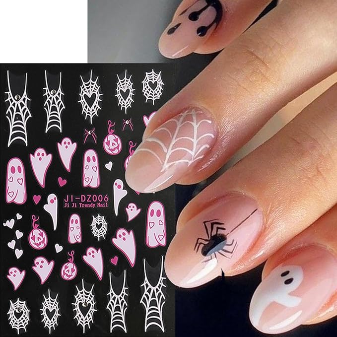 6 Sheets Rhinestones Halloween Stickers 3D Self Adhesive Pink Ghost Nail Art Stickers Glitter Pumpkin Charms Nail Decals Spooky for Women Halloween DIY Manicure Salon