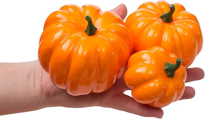 Ogrmar 12 Pack Artificial Assorted Pumpkins, Mini Fake Pumpkins Artificial Vegetables for Halloween,Harvest Thanksgiving Party Decor(Orange)