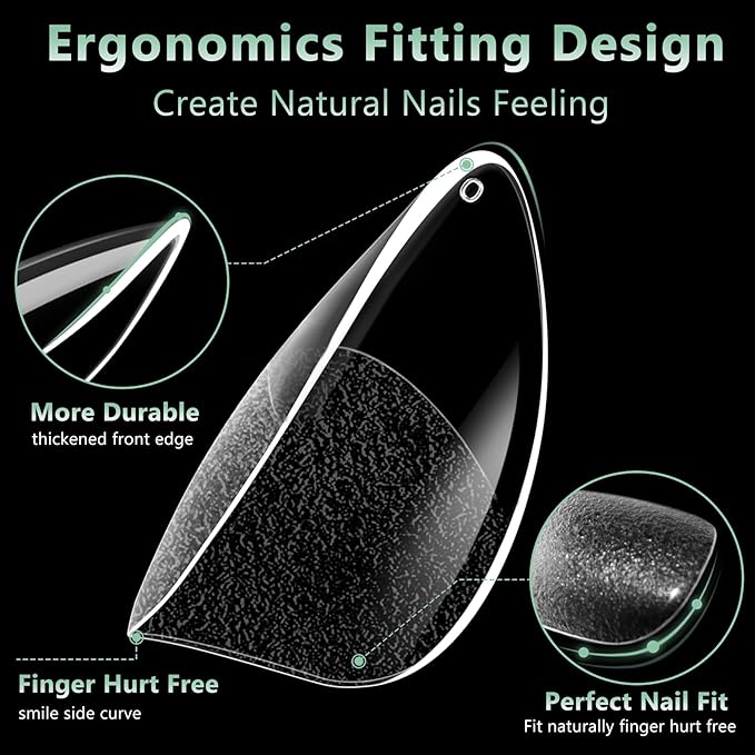 Extra Short Almond Nail Tips, 216pcs Acrylic Soft Fake Nails Gel Nail Tips, Full Cover Pre-Shaped Matte Clear Press on Nails for Extension, Diy at Home Manicure 12 Sizes