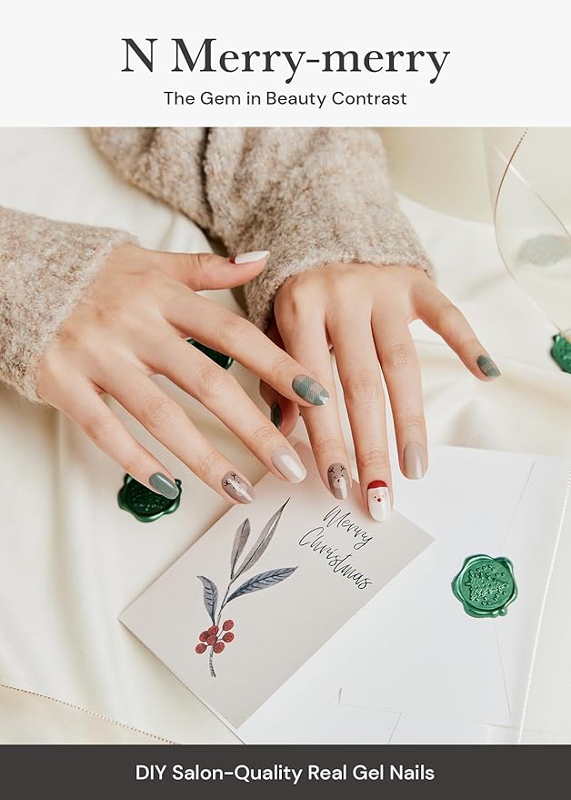 ohora Semi Cured Gel Nail Strips (N Merry-Merry) - Red/Green Works with Any UV/LED Lamps, Salon-Quality, Long Lasting, Easy to Apply & Remove - Includes 2 Prep Pads, Nail File & Wooden Stick