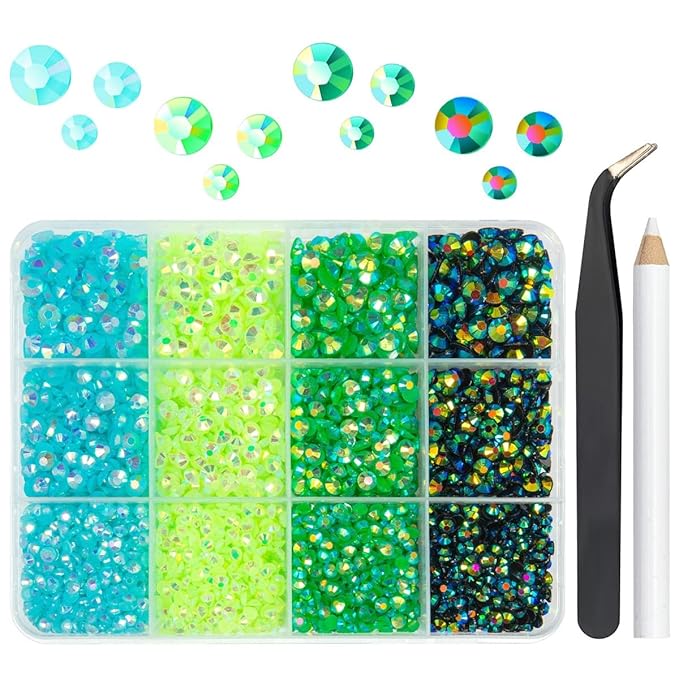 Green Jelly Resin Rhinestones Bulk 3mm 4mm 5mm Flatback Fresh Green Emerald Green Stones for Crafting Non-Hotfix Peacok AB Resin Gems Diamonds for Nails Eyes Face Makeup Tumblers DIY Crafts