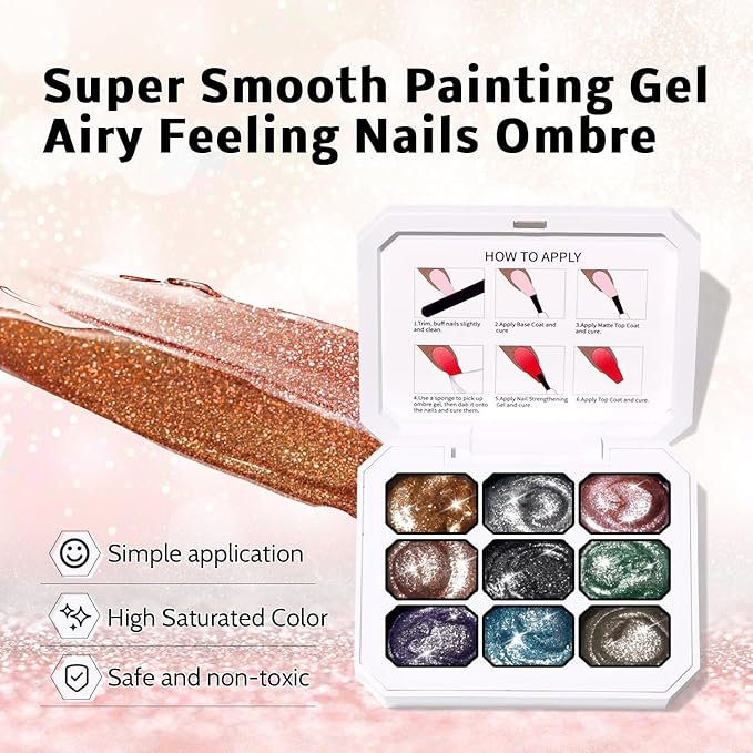 Sponge Pat Paint Nail Gel & Tools Kit, 9 Colors Ombre Nails Gradient Gel Nail Blush Blooming Aura Nails Drawing Stripper Floral Painting Nail Art, No Wipe, UV/LED Curing (9 Colors Set J)