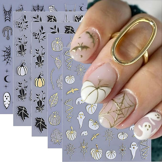 5Pcs Fall Nail Art Stickers Gold Sliver Pumpkin Maple Leaf Nails Decals 3D Self Adhesive Glitter Ghost Spider Web Spider Design Halloween Nail Stickers Holiday Nails Supplies for Women Salon Manicure