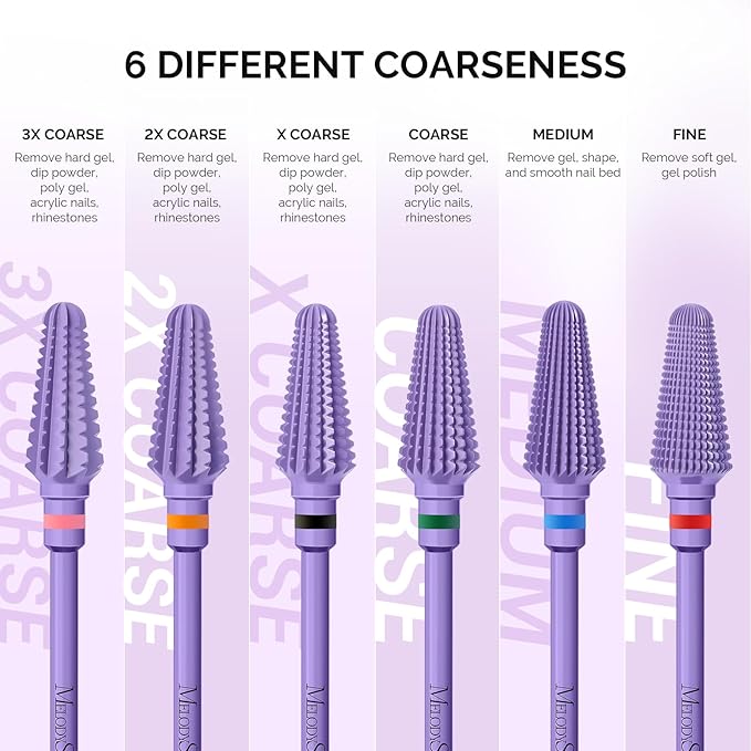MelodySusie Professional Tornado 3/32'' Nail Drill Bits, Carbide Tungsten Multi-function Bits, Suitable for Manicure Pedicure Cuticle Gel Polishing, Salon Bits, Series Bit-X, Purple, Medium