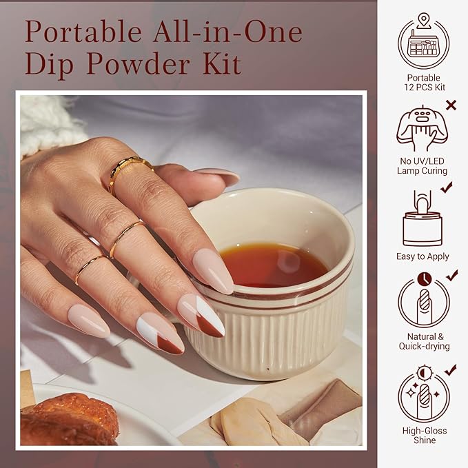 AZUREBEAUTY 30Pcs Dip Powder Nail Kit Starter, 8 Colors Fall Nude Brown Glitter Purple Nude with Nail Sticks, Nail Art Liquid Set with Matte/Base/Top Coat Activator for French Manicure Salon