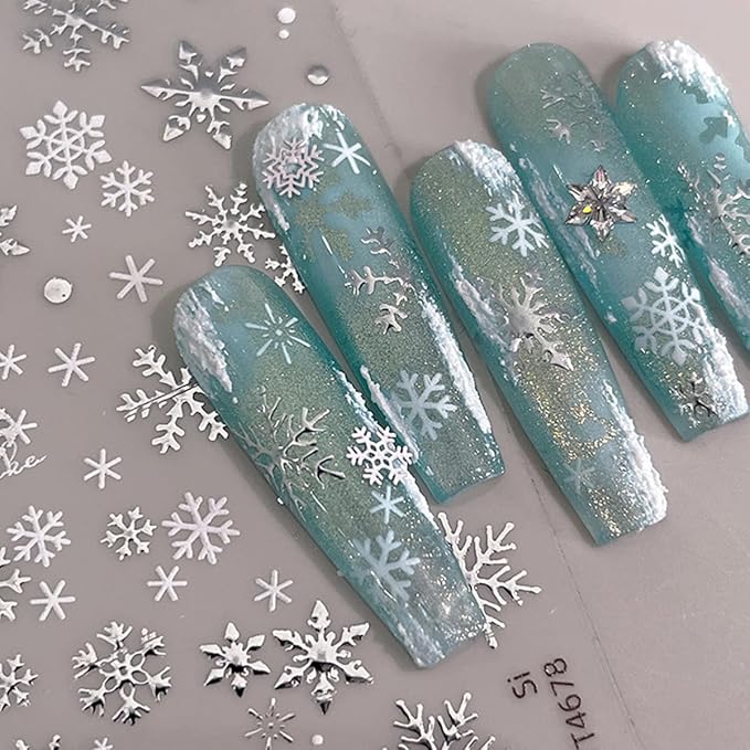 2 Sheets Snowflake Nail Stickers 3D Self-Adhesive Laser Silver Snow Flake Holiday Nail Art Stickers Winter Xmas Nail Decals Snowflake Nails Design Christmas Sticker Decoration for Women Nail Art Kit