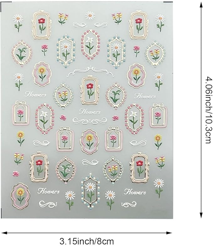 Tulip 5D Embossed Nail Art Stickers, Self-Adhesive Floral Design Decals with Golden Frames, Spring Summer Manicure Decorations for Women, 2 Pieces