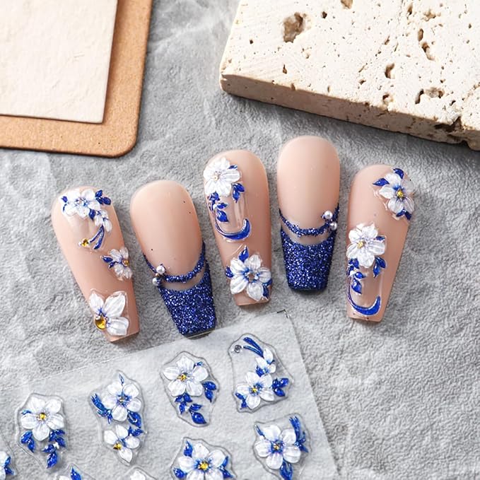 5D Flower Nail Art Stickers Blue Glitter Shiny Flowers Nail Decals 1 Sheets Embossed Floral Nail Stickers Self-Adhesive Blue Flower Nail Supplies for Women Girls Manicure Nail Decoration Accessories