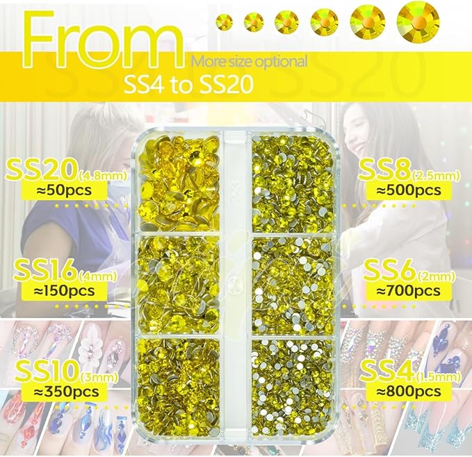 2550pcs Golden Yellow Nail Art Flatback Rhinestones for Face Makeup - Citrine Yellow Nail Gems & Gemstones K9 Glass SS4SS20 6 Sizes Bling Diamonds Stones w Tweezer & Pick Pen for DIY Crafts