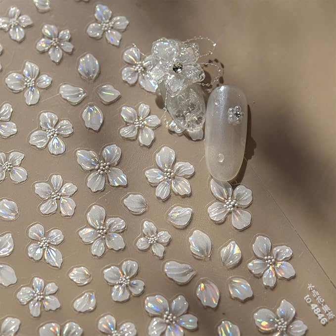 Flower Nail Stickers for Nail Art White Magnolia Petals Wedding Nails Design 3D Nail Art Stickers Decals Shiny Shell Light Crystal Flowers Stickers for Nails Summer DIY Manicure Decorations 1Pcs