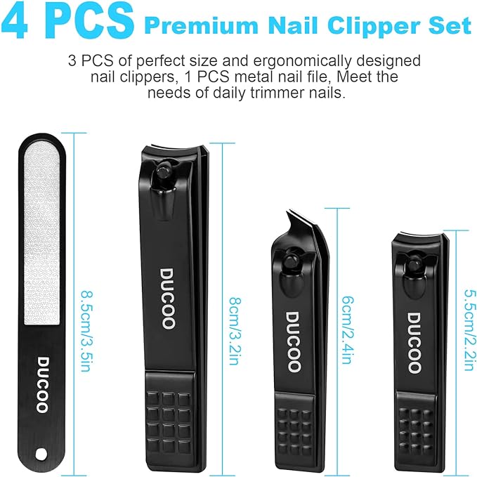DUCOO Nail Clipper Set, 4 PCS Ultra Sharp Nail Clippers for Men, Women, Adults Toenail Fingernail Clippers, Stainless Steel Nail Cutter & File, Black