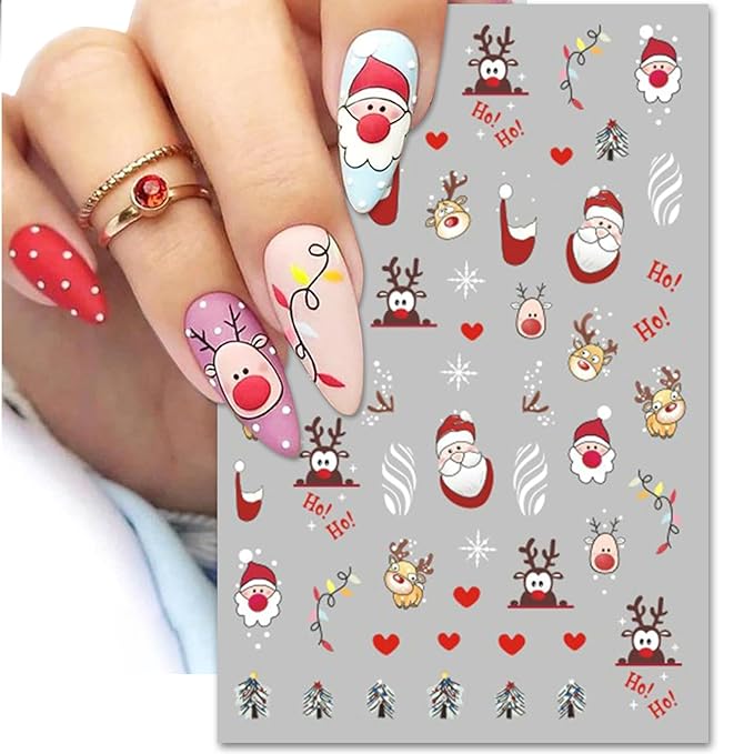 Christmas Nail Art Stickers, Self-Adhesive Colorful Light String, Santa, Elk, Snowflake Design for Holiday Nail Decals, Pegatinas Uñas Navidad DIY Decorations (6 Sheets)