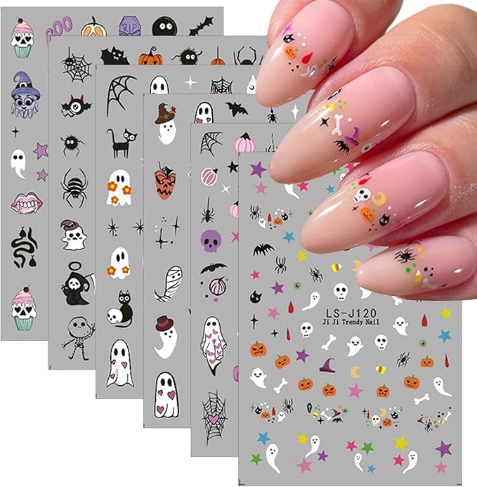 6 Sheets Cute Ghost Nail Art Stickers Halloween Nail Decals 3D Self-Adhesive Spider Bat Pumpkin and Bone Design Nail Sticker Halloween Acrylic Nail Art Decoration for Women DIY Holiday Manicure Tip