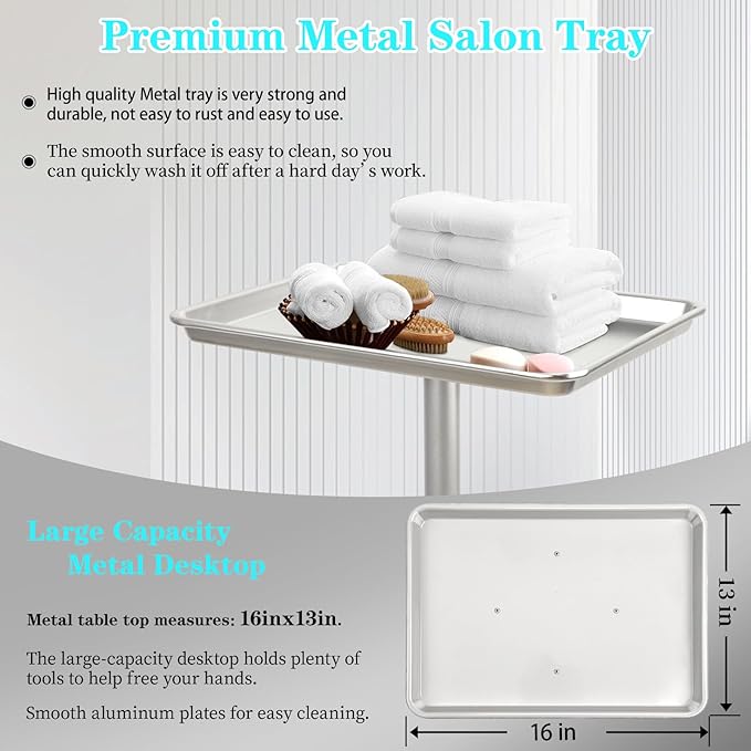 Salon Tray, Silver Salon Tray, Tattoo Tray on Wheels, Metal Salon Rolling Tray, Salon Services Tray Height-Adjustable, (Silver)