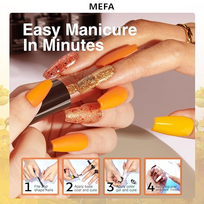MEFA 6 Colors Fall Gel Nail Polish Set, Shades Orange Red Brown Glitter Yellow Soak Off Gel Polish Spring Summer Tones Nail Art Design Salon Home Manicure Kit Gifts