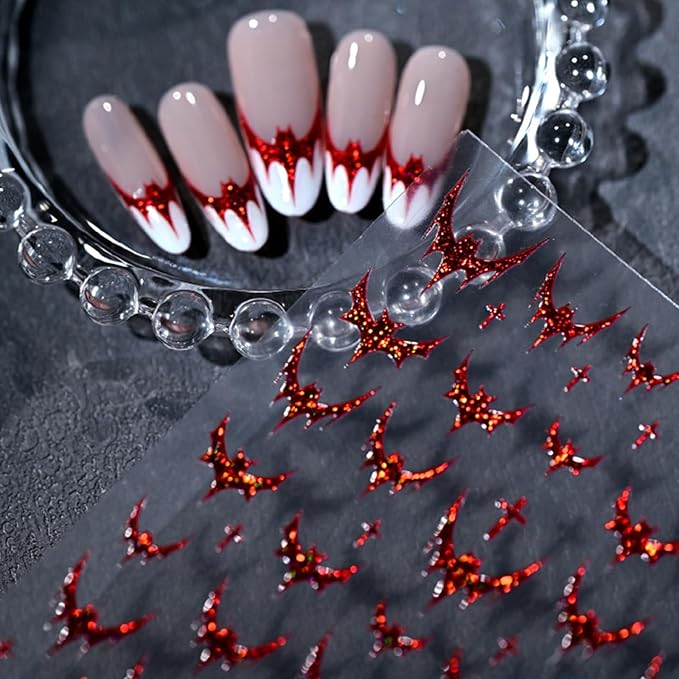 Halloween Nail Stickers Bat Nail Art Decals Red Bronzing Self-adhesive Nail Stickers Shiny Bat Nail Art Supplies French Tip Manicure Decals Cute Halloween Nails Accessories for Women Nails Decorations