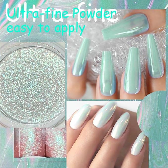 evpct 3Pcs Chrome Nail Powder Kit for Nails Polish Blue Pink Green Pearl Mermaid Rainbow Holographic Iridescent Chameleon Metallic Neon Pigment Mirror Chrome Nail Powder for Gel Nails Glitter