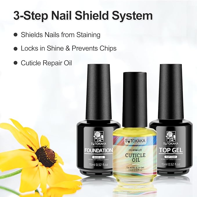 3Pcs 15ml Base Top Coat Set with Cuticle Oil Soak-Off UV Cured Glossy Top Gel Base Coat No Wipe Combination Fast Air Dry Nail Care Nutritive Oil for Manicure Pedicure Nail Supplies